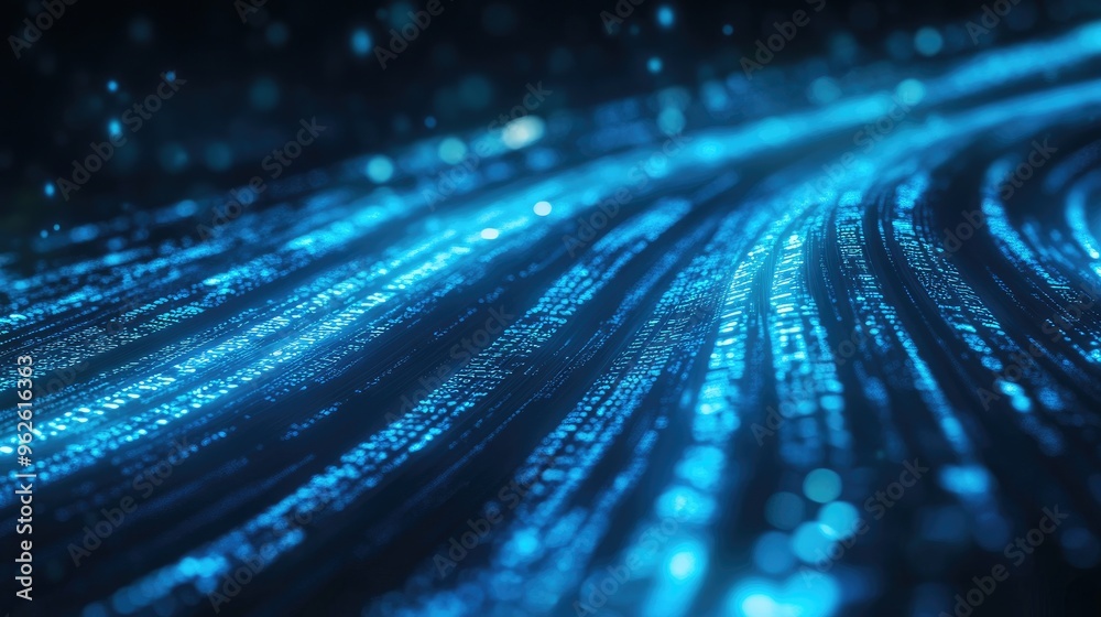 Poster flowing blue binary code over a dark background, representing the fast-paced nature of internet and 