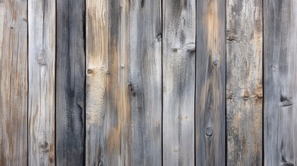 Fototapeta premium Weathered wooden fence background with aged, cracked planks in various shades of gray and brown.