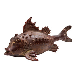 Side view of a chocolate cowfish figurine swimming isolated on a white transparent background