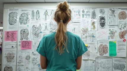 ฺBack view of a female medical student in scrubs studying brain anatomy charts on a wall for academic research in a hospital