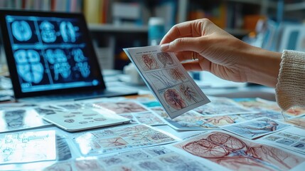 Medical student reviewing brain anatomy prints and diagrams at a study table for academic research in neuroscience