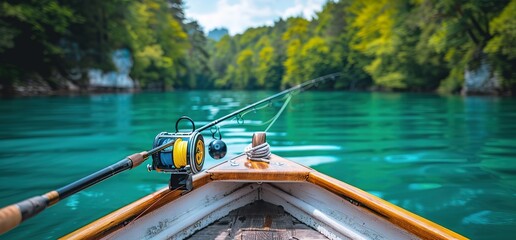 Fishing rod in a boat on a calm lake surrounded by lush green trees. Relaxing and tranquil scene perfect for outdoor enthusiasts.