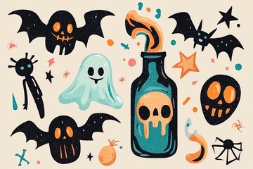 Obraz premium Halloween Clipart Witch's Brew, Bats, Ghosts, and Skulls