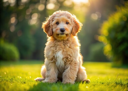 Adorable cockerdoodle puppy sits on a sunny lawn, its fluffy golden fur glistening, tail wagging, and ears perked up, emitting an innocent and playful aura.