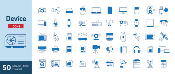 Device and Technology Blue Editable Stroke Icons Set. Smart Device, Laptop PC Computer CCTV Smartphone TV Mouse Keyboard Storage Collection Vector Illustration.