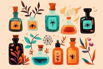 Collection of Colorful Potion Bottles with Spiders and Plants