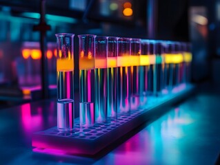 Biotechnology lab featuring multicolored glowing liquids in test tubes, representing advanced gene therapy research