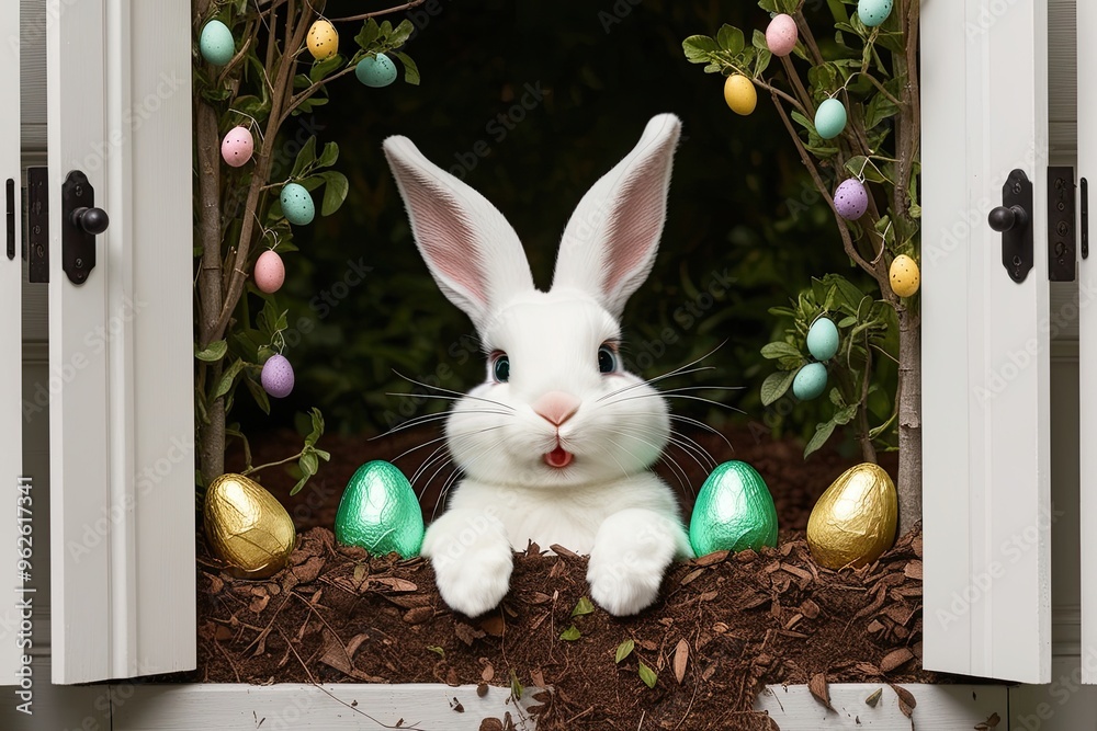 Sticker enchanting easter bunny discovering hidden garden treasures of colorful chocolate eggs