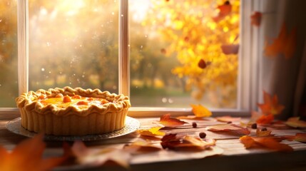 Pumpkin Pie with Fall Leaves on a Window Sill