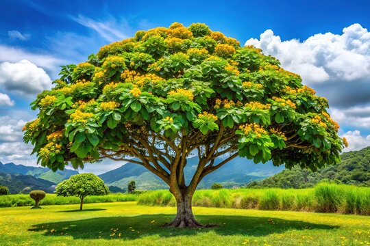 A majestic jatropha tree stands tall amidst lush green surroundings, its slender branches adorned with shiny leaves and bright yellow flowers bursting with energy.