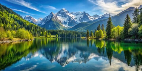 A serene mountain landscape with snow-capped peaks, lush forests, and a tranquil lake , mountains, landscape, nature, snowy, peaks