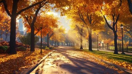 A picturesque autumn scene captured in the vibrant colors of fall, with leaves gently falling from trees onto city streets and park paths. The sun casts long shadows through golden-hued foliage, creat