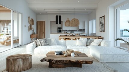 White open-concept living area with a sectional sofa, wooden coffee table, and decorative wall art.