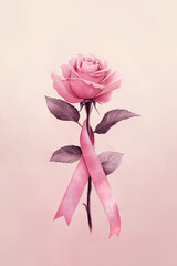 Pink rose with breast cancer awareness ribbon