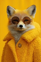 Obraz premium Fox wearing round sunglasses and a yellow coat, looking cool against a bright yellow backdrop