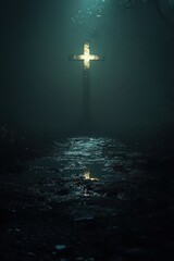 Fototapeta premium Glowing cross in misty darkness, illuminating the ground below