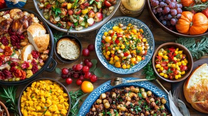 A Festive Table Setting with Various Dishes and Fruits