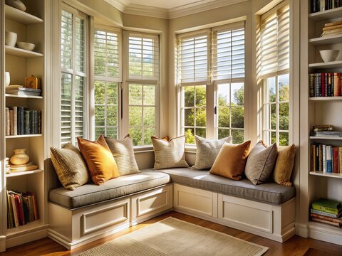 Cozy bay window seat with plush cushions and pillows, surrounded by natural light, wooden shutters, and a few favorite books, creating a serene atmosphere.
