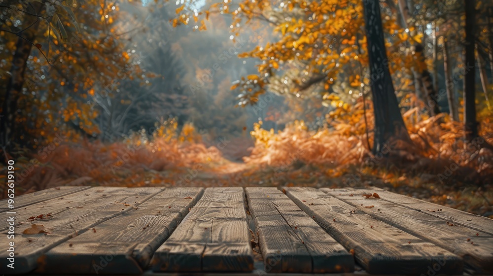 Canvas Prints autumn themed wooden table with forest backdrop for online advertising