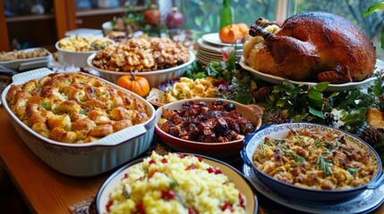 A Thanksgiving Feast With Roasted Turkey and Side Dishes