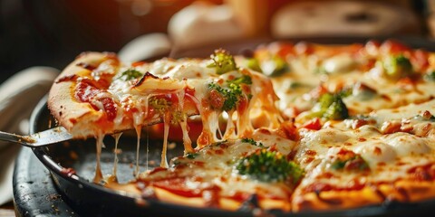 Vegetarian Broccoli Pizza Topped with Cheese and Baked Crust, Sliced in a Frying Pan at an Eatery