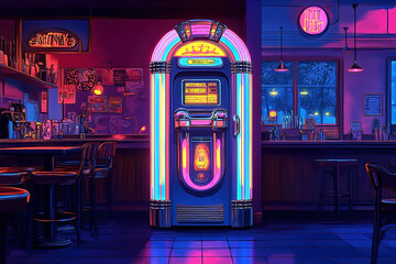 Colorful neon psychedelic cartoon illustration of a 1980s' jukebox in a diner