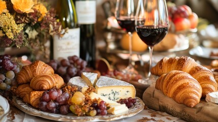 Obraz premium Gourmet Cheese and Croissants with Wine and Grapes