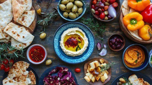 Middle Eastern Mezze Platter with Hummus, Baba Ganoush, and Pita Bread