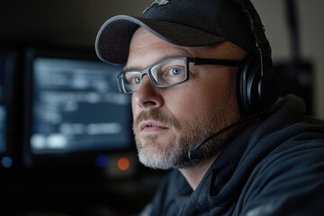 Obraz premium Calm under pressure: portrait a 911 operator at work, their unwavering focus, composure while managing urgent calls, embodying essential qualities of reliability, resilience in crisis management.