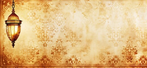 Vintage, ornate, golden lamp hanging against a backdrop of a worn, textured background. Perfect for...