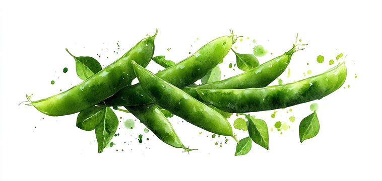 Sugar snap peas clipart, vegetable element, watercolor illustration, defined edges, bright green, isolated on white background