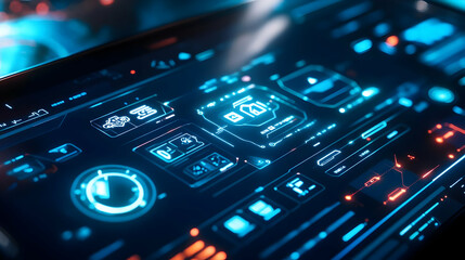 Futuristic Digital Interface with Glowing Blue and Red Elements - 3D Illustration