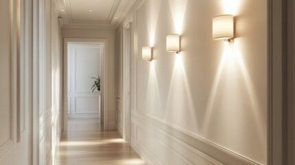 White wall with modern minimalist sconces, casting a warm and inviting light in an elegant hallway.