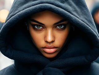 Fototapeta premium Woman with Green Eyes and Dark Hoodie