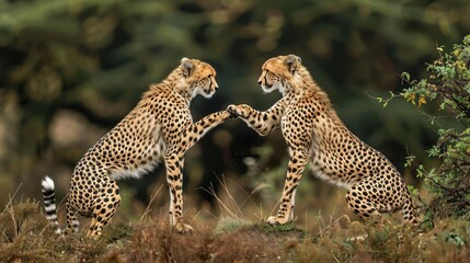 A pair of cheetahs engaging in a friendly tussle on a grassy field.