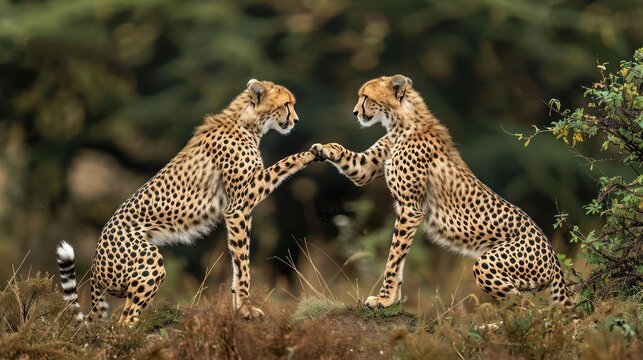 A pair of cheetahs engaging in a friendly tussle on a grassy field.