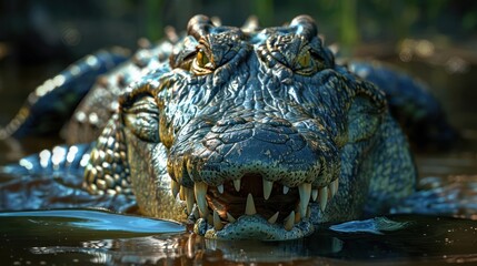 Obraz premium A close-up image of a crocodile's face showing its teeth and eyes,