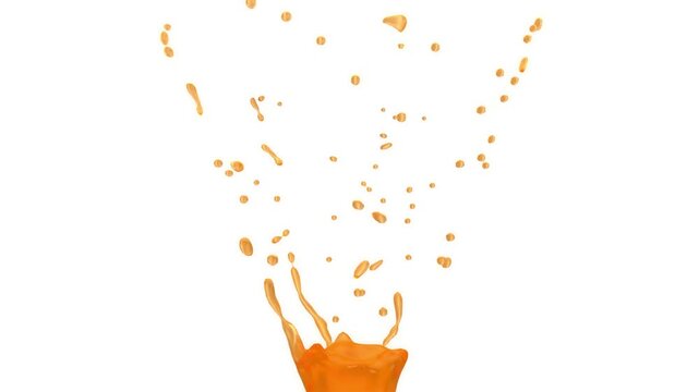 Orange juice splash in crown shape, isolated on white background, 3D animation.