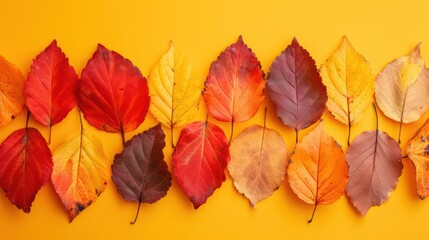 Fototapeta premium A vibrant arrangement of autumn leaves in various colors against a bright yellow background.