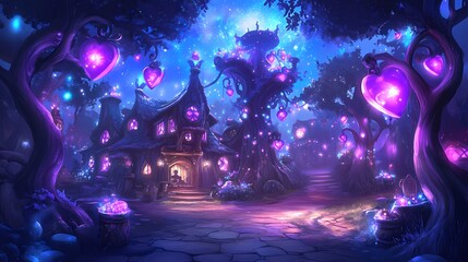 Fototapeta premium A magical, fairytale-like house sits nestled in a forest of glowing trees. It features a stone path, purple flowers, and an enchanting sky.