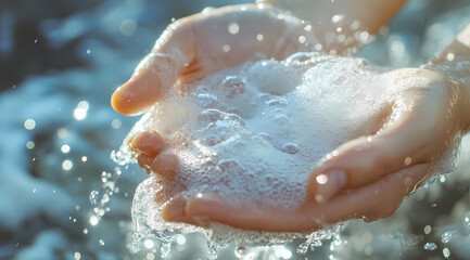 Fototapeta premium Close-up of hands washing with soap and bubbles, hygiene focus