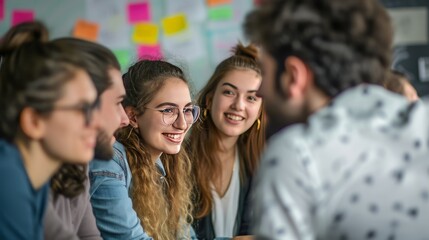 Fototapeta premium A group of young adults sit together, smiling and engaging in a casual brainstorming session. Colorful sticky notes on the wall in the background indicate a creative and collaborative work environment