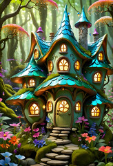 Fototapeta premium A magical fairy house nestled in a mystical forest, with vibrant flowers and sparkling streams.