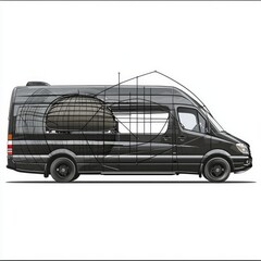 Fototapeta premium Black Van with Wireframe Overlay