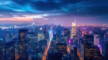 Obraz premium Nighttime View of a City Skyline with Illuminated Buildings and a Dramatic Sky