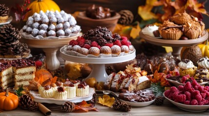 Obraz premium Autumnal Dessert Spread with Pumpkin, Chocolate, and Raspberry Flavors