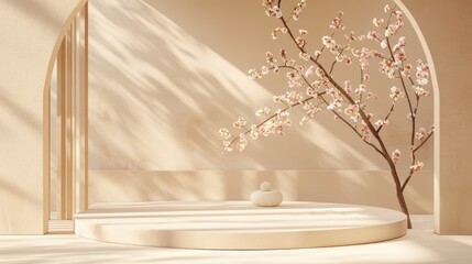 Geometric podium displaying product with blooming tree branch on beige background.