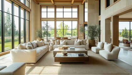 Modern Living Room with Large Windows and Beige Furnishings