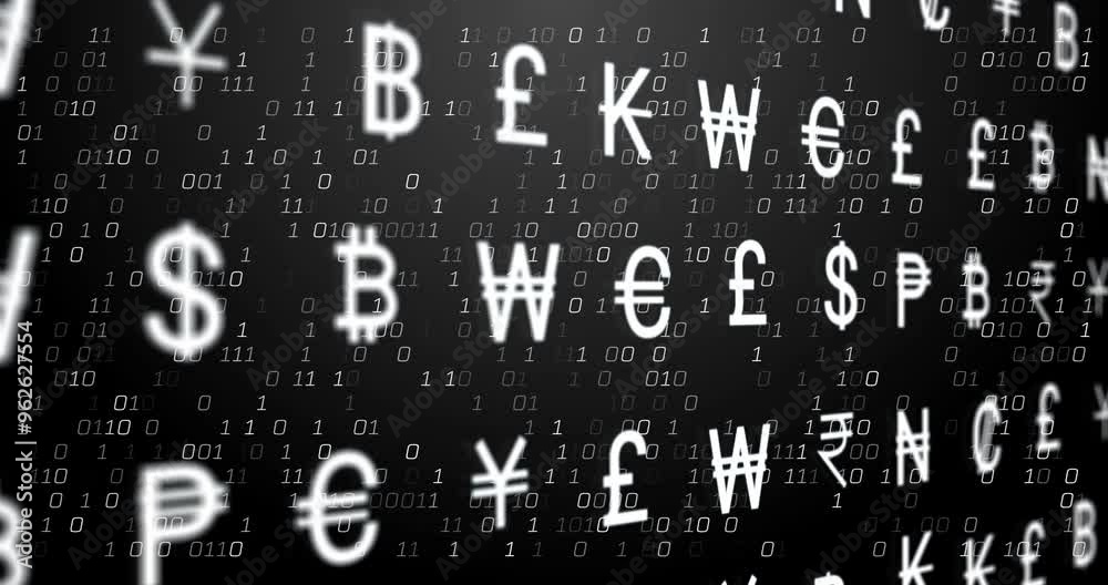 Poster binary code and currency symbols animation over dark background