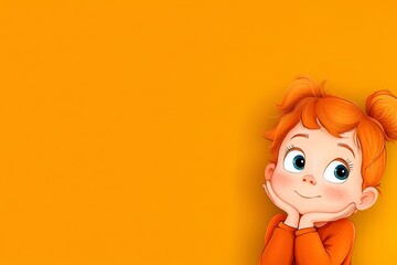 A charming cartoon-style child with bright orange hair and a playful expression, resting their chin on their hands